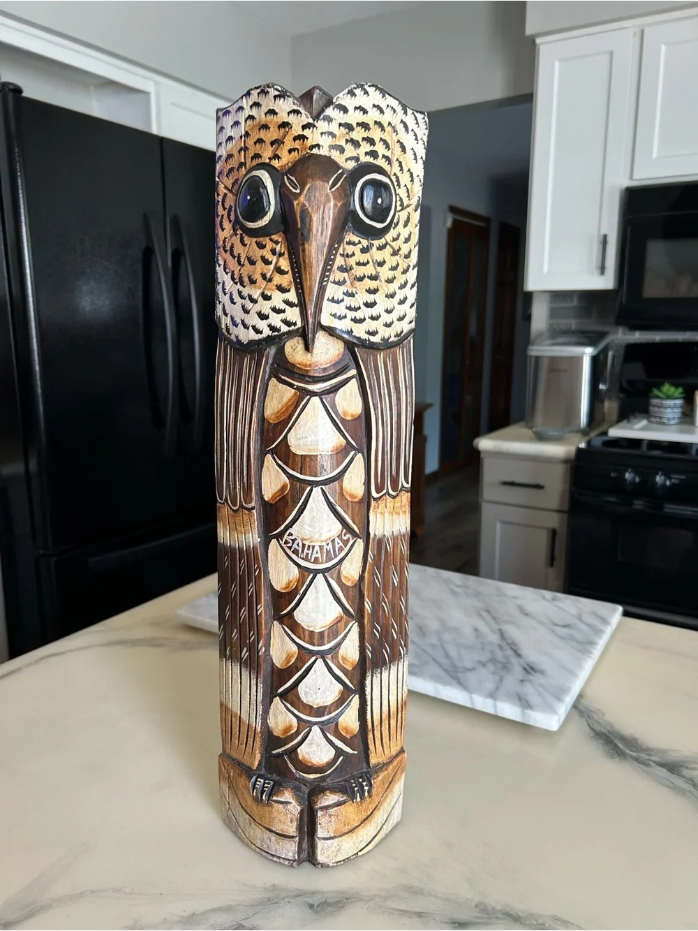 Hand-Carved Wooden Owl Tiki Statue - Brown & Cream